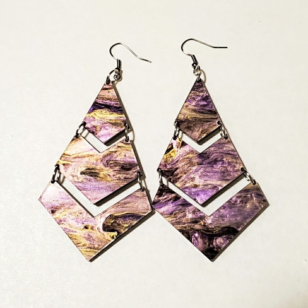 Acrylic Purple Gold Colors Laser Cut Earrings 3"